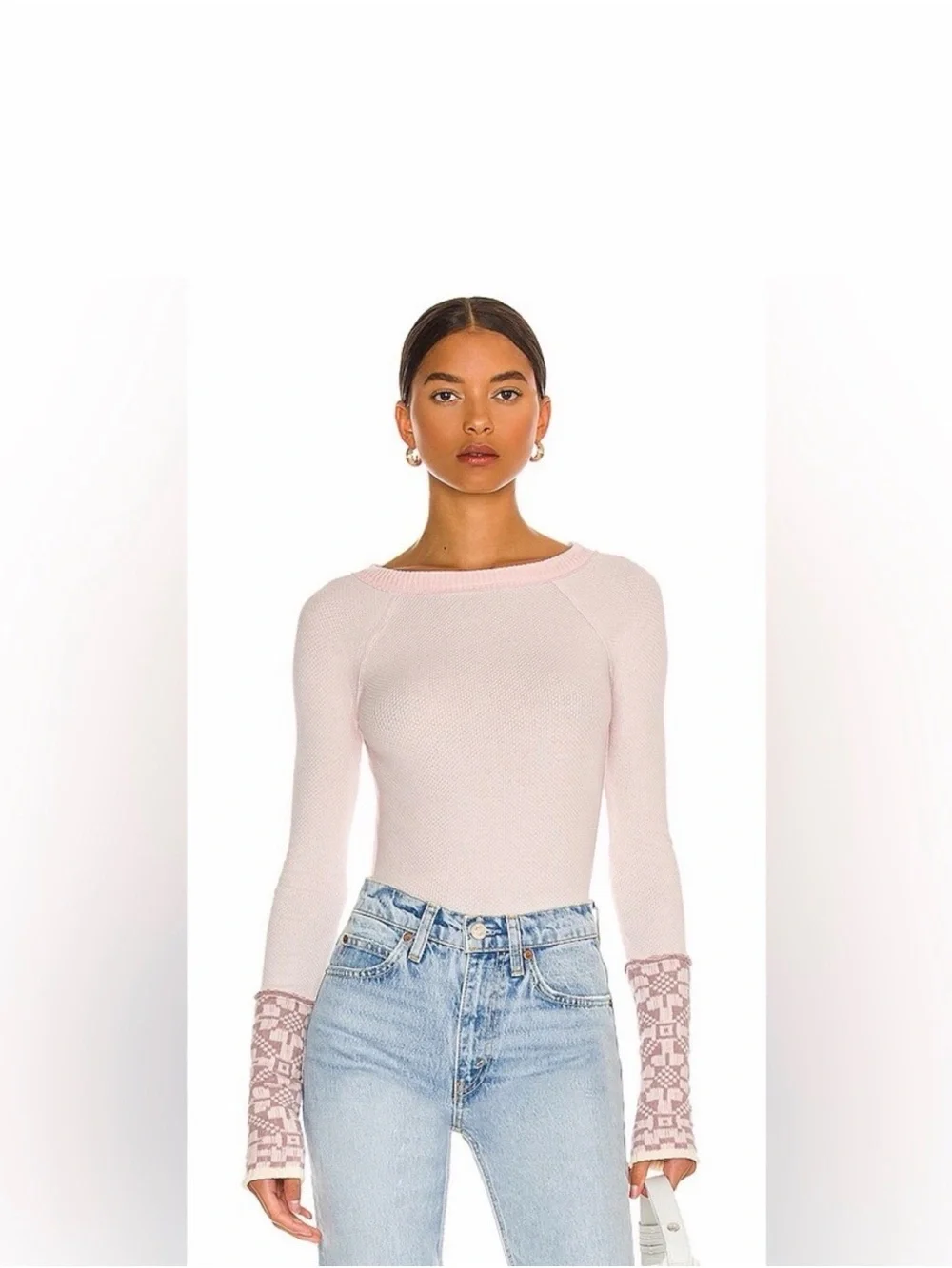 Free People Reversible Pale Pink Long Sleeve Thermal Top with Patterned Cuffs